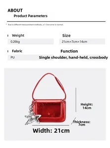 Detail view of red metallic PU crossbody bag with dimensions 21x7x14cm and star charm