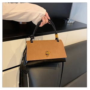 Close-up of color-block crossbody bag with gold metallic twist lock and handle