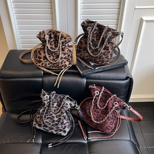 Leopard Print Bucket Bag Suede Like PU Drawstring Silver Chain Handle Shoulder Crossbody Bag Vintage Fashion Women