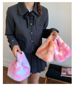 Detail showing plush faux fur texture and marbled patterns of various cute handbags