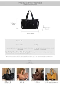 Tableau des tailles pour sac cabas en cuir PU avec dimensions détaillées du produit