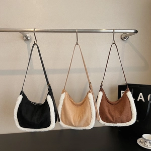 Sac Hobo Vintage En Suédine Pour Femmes Avec Bordure En Fausse Fourrure Bandoulière Réglable Sac À Main D'Hiver