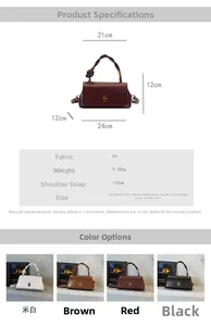 Detailed size specifications and dimensions for the solid color PU leather handbag