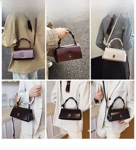 Detailed views of leather shoulder bags with twisted handles and vintage gold buckles
