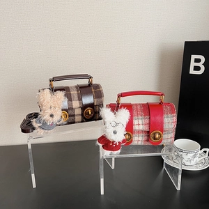 Sac Bandoulière Vintage Carreaux Femme Tissu Laine Cuir PU Sac À Main Avec Fermoirs Métal Et Chien En Peluche