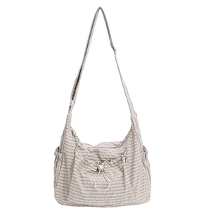 Minimalist beige plaid nylon crossbody hobo bag with drawstring front pocket