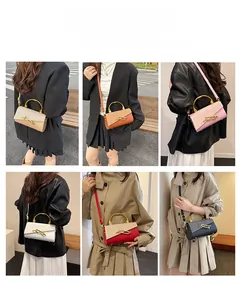Showcase of six elegant colors of the PU leather box handbag with gold circular handles