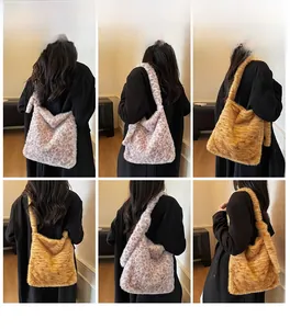 Detail showing two plush leopard print tote bags in pink and caramel faux fur textures