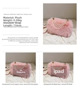 Size comparison of pink plush handbag with pearl handle against A4 paper and iPad
