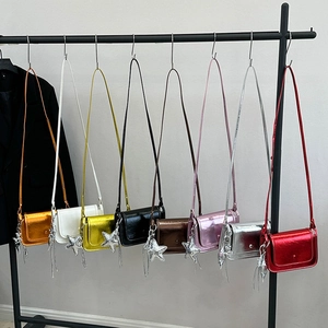 Women Metallic PU Leather Crossbody Bag Fashion Simple Small Square Flap Shoulder Bag With Star Charm Retro Purse For Girls