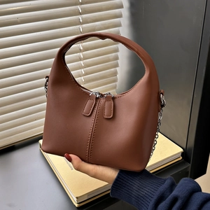Chic brown half-moon chain handbag for women with dual silver zippers and sleek finish