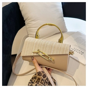 Fashion contrast color crossbody box bag with gold metal handle and woven texture detail