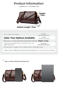 Detailed size specifications and interior capacity of the dark brown PU leather crossbody bag