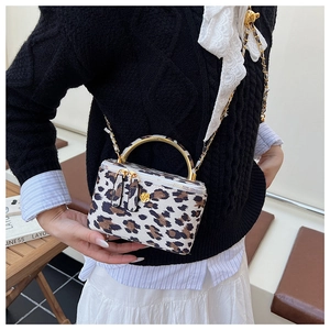 Détail du mini sac boîte léopard avec poignée dorée et fermeture éclair camélia