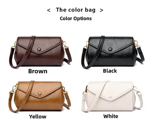 Four colors of stylish crossbody bags in brown, black, yellow, and cream white