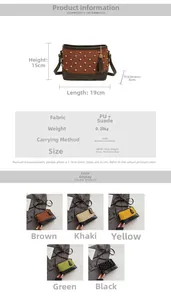 Detailed size chart and multi-color options for quilted crossbody bag with rivets
