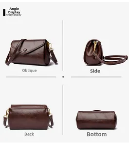 Detailed views showing textured dark brown leather cross-body bag from multiple angles