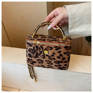 Détail du mini sac boîte à imprimé léopard avec poignée en métal doré et chaîne
