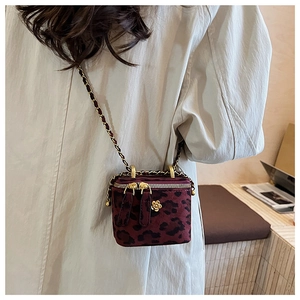 Détail du mini sac boîte léopard bordeaux avec bandoulière en chaîne dorée chic