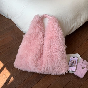 Rosa Plüsch-Handtasche aus Kunstfell mit Ledergriffen und geräumigem trapezförmigem Boden
