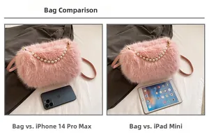 Pink faux fur barrel bag size comparison with iPhone 14 Pro Max and iPad mini