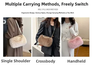 Detail view of plush handbags with pearl handles in beige, brown, and pink colors