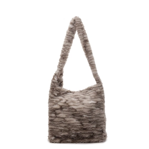 Brown and white faux fur shoulder bag with plush spotted pattern and wide strap