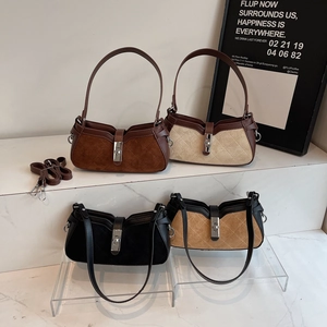 Quilted Baguette Bag Women PU Faux Suede Silver Lock Vintage Shoulder Crossbody Handbag Contrast Chic Commuter Purse
