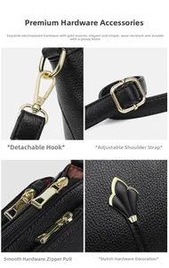 Detailed views of black pebble leather, gold hardware, adjustable strap and zippers