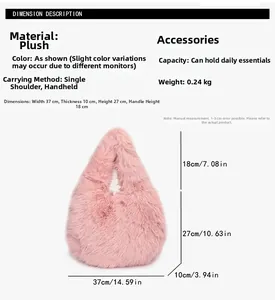 Pink plush handbag dimensions showing 37cm width and 27cm height with handle detail