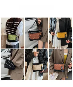 Quilted crossbody bag collection in six colors with pearl accents and tassels shown on model