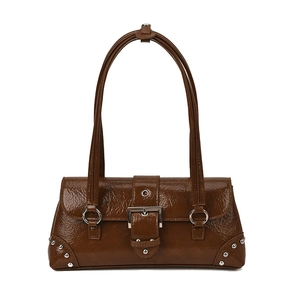 Vintage brown patent leather square shoulder bag with large silver buckle and metal rivets