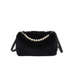 Elegant black faux fur handbag with pearl handle and leather shoulder strap for women
