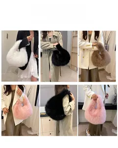 Detail showcasing multiple color options of plush faux fur handbags in various styles