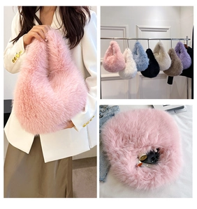 Detailed views of fluffy faux fur handbag showing multi-color options and internal capacity