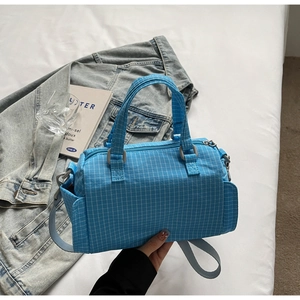 Borsa Boston a quadretti blu con doppi manici e tracolla regolabile rimovibile