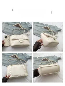 Mehrwinkel-Ansicht der beigen gesteppten Kunstledertasche mit goldener Kette