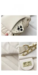 Detailansicht der beigen Stepptasche mit goldenem Drehverschluss und Innenfach-Stauraum