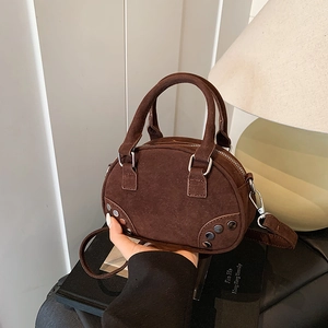 Retro dark brown suede bowling bag with silver rivets and top handle for women