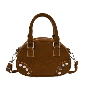 Vintage dark brown frosted leather bowling bag with silver studs and top handles