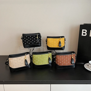 Women Shoulder Crossbody Bag Suede PU Leather Quilted Rhombic Rhinestone Tassel Small Square Fashion Elegant Contrast Color