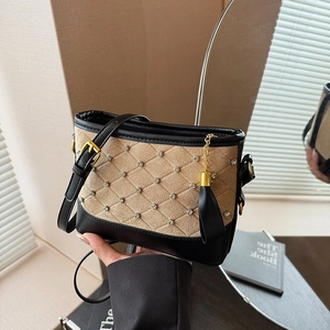 Elegant khaki suede crossbody bag with rhombus stitching, rhinestones, and black leather trim