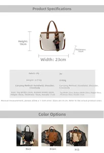 Infographic showing PU leather bucket bag dimensions with a cute rabbit doll pendant charm
