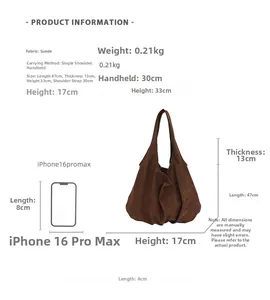 Size chart showing large faux suede leopard tote bag dimensions with phone scale guide