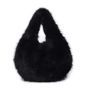 Minimalist black faux fur tote bag with integrated curved handle and soft fluffy texture