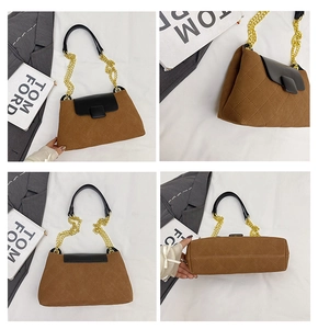 Detailed views of a brown suede quilted bag with gold chain and black leather flap