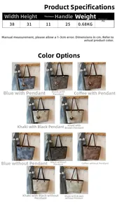 Detailed size chart and multi-color options for this large commuter tote bag for women