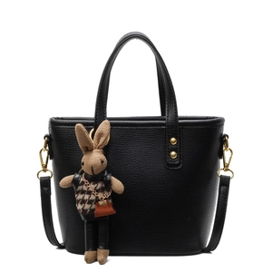 Chic black lychee texture tote bag with a cute knitted rabbit charm and gold studs