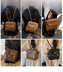 Detailaufnahmen des Vintage-Rucksacks mit goldenem Drehverschluss und Riemen-Texturen