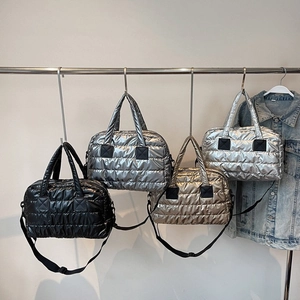 Large Capacity Quilted Puffer Tote Bag Metallic Shiny Padded Cloth Handbag With Removable Strap For Women Casual Chic